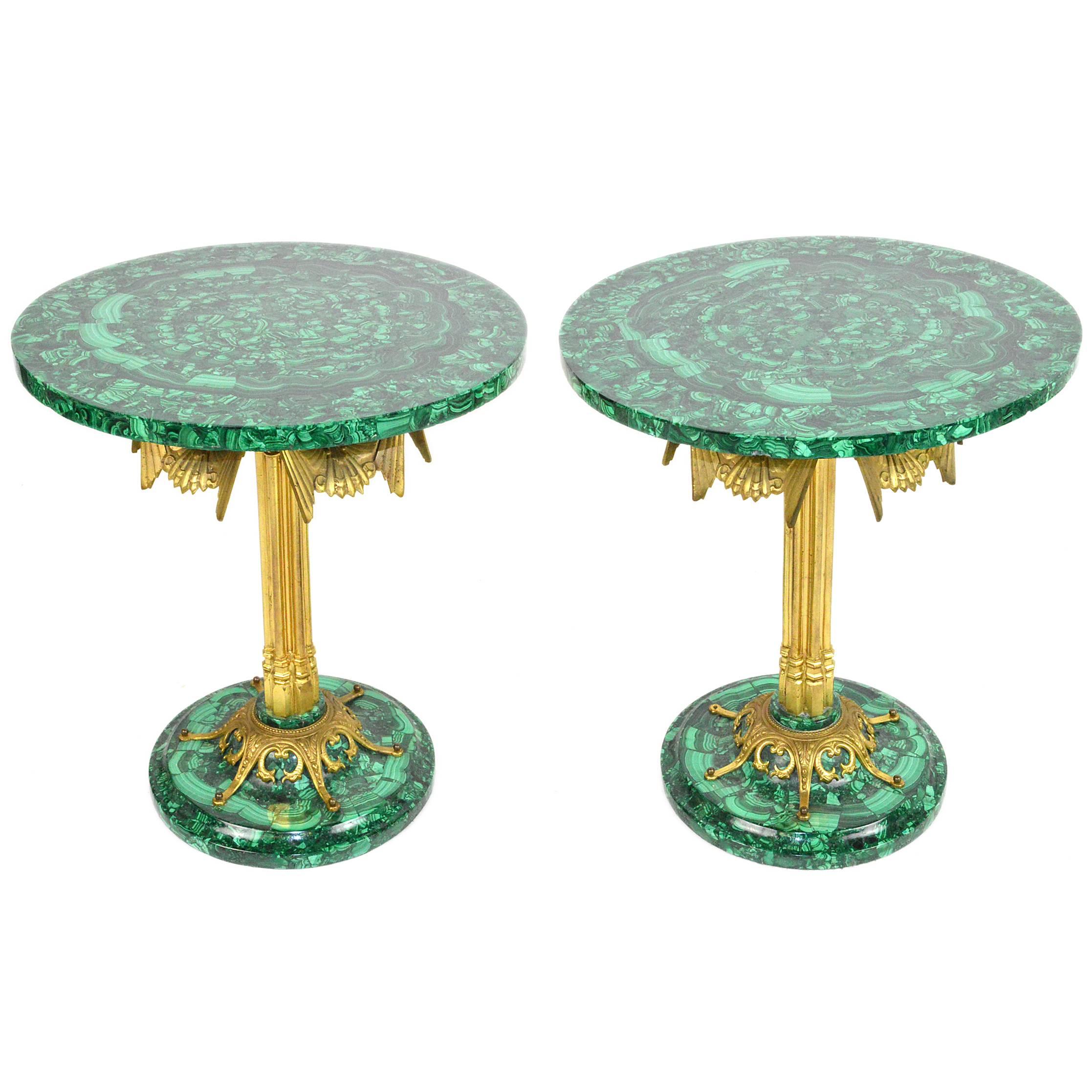 Pair of Deco Style Gilt Bronze and Malachite Side Tables For Sale