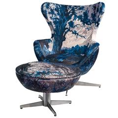 Fench egg chair inspired Armchair and Ottoman in Velvet Mountain Scene Print
