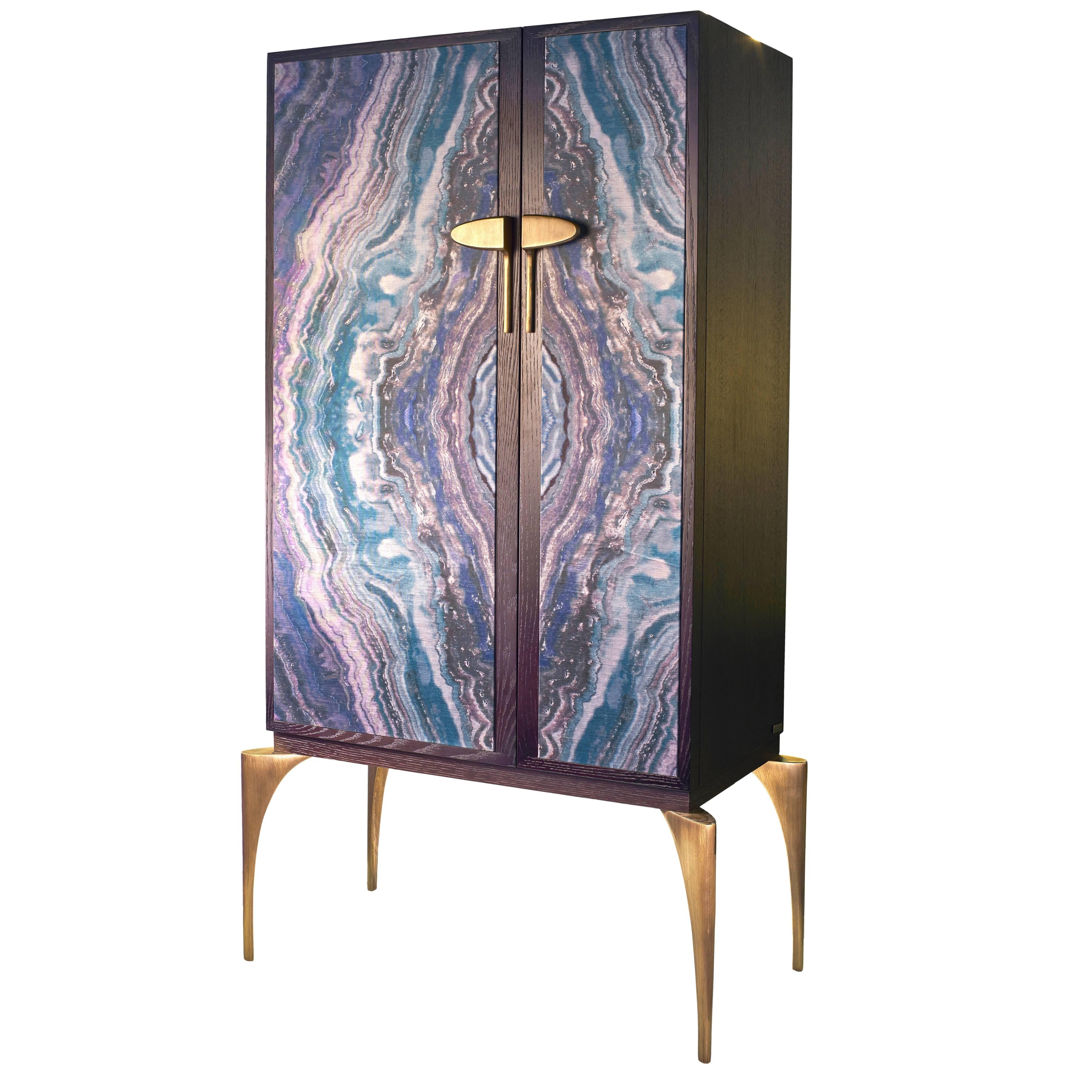 Modern Oak and Cast Brass Faux Marble two-door High Cabinet from France