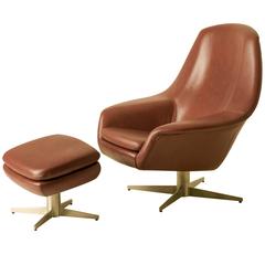 Large Leather and Brass Swivel Armchair with Ottoman from France 2