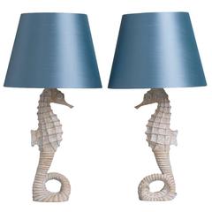 Pair Faux Bois Seahorse Table Lamps