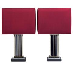 Pair of Anodised and Polished Metal Column Table Lamps, 1980s