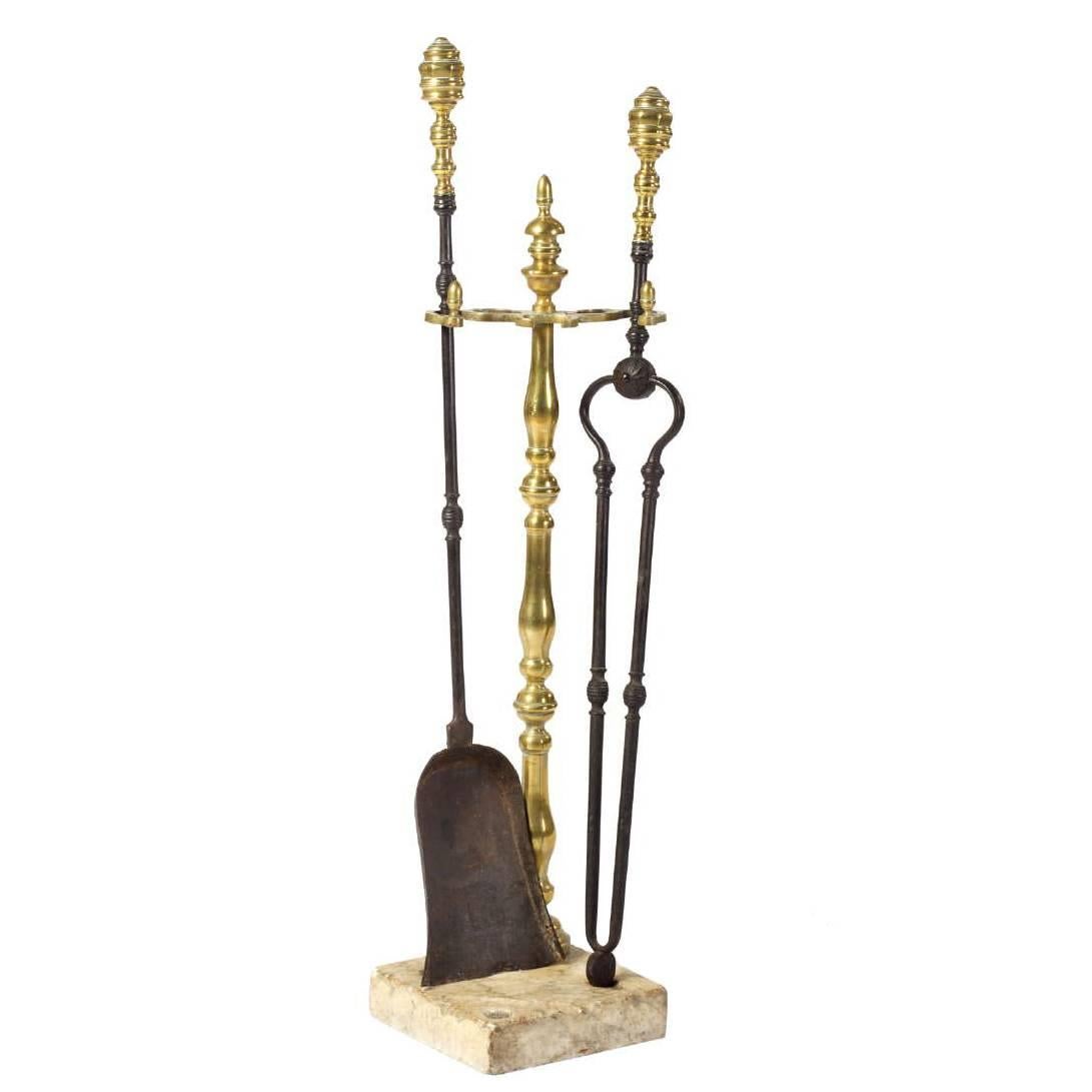 American Brass and Iron Fire Tools on Stand For Sale