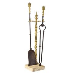 Antique American Brass and Iron Fire Tools on Stand