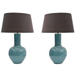 Pair of Blue Crackle Glaze Porcelain Lamps with Brown Shades