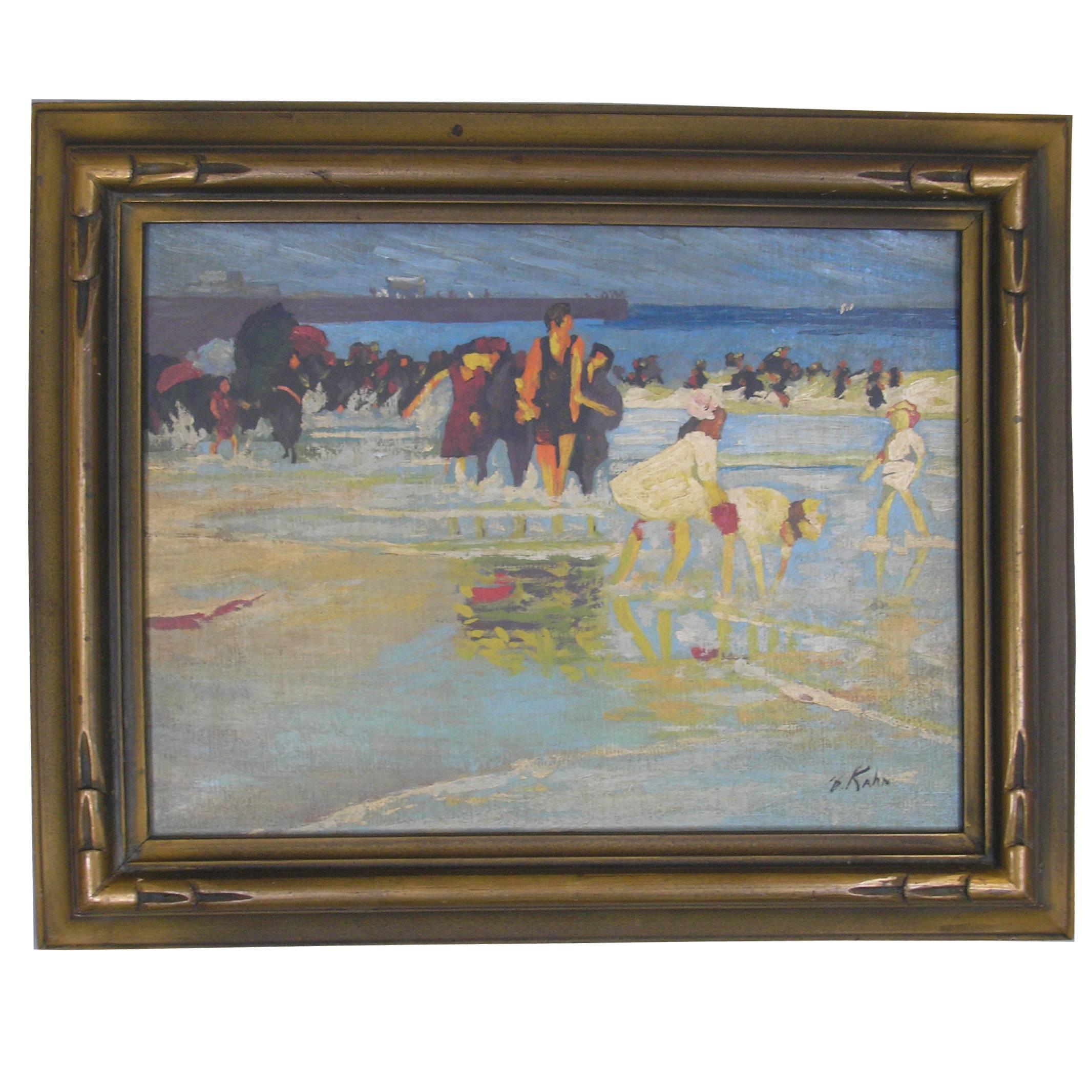 Expressionistic California Oil of Family at the Beach by B. Kahn, circa 1940 For Sale