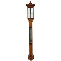 Antique Late Victorian Oak Cased Stick Barometer and Thermometer by J Hicks of London