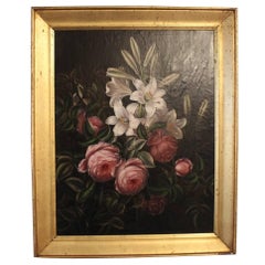 Oil Painting of Peonies and Lilies with a Gilded Frame, I.L.Jensen School, 1880