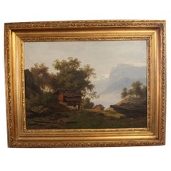 Oil Painting of Beautiful Swiss Landscape with Gilded Frame, 1880s