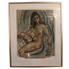 French Oil Painting of a Naked Woman with Dark Blue Background, 1920s