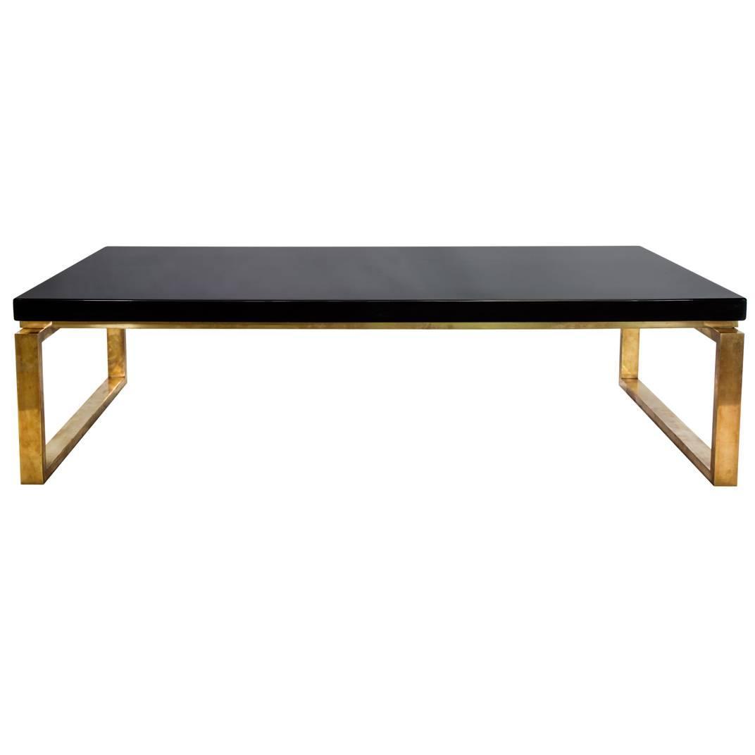 Rare Black Lacquer Top Coffee Table on Brass Base, Stamped "Maison