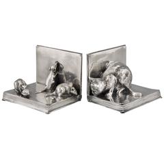 Art Deco Silvered Bronze Cat and Mouse Bookends by A. Duchene, 1920
