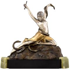 Art Deco Bronze Female Snake Charmer Nude Dancer by Th. Somme, 1930