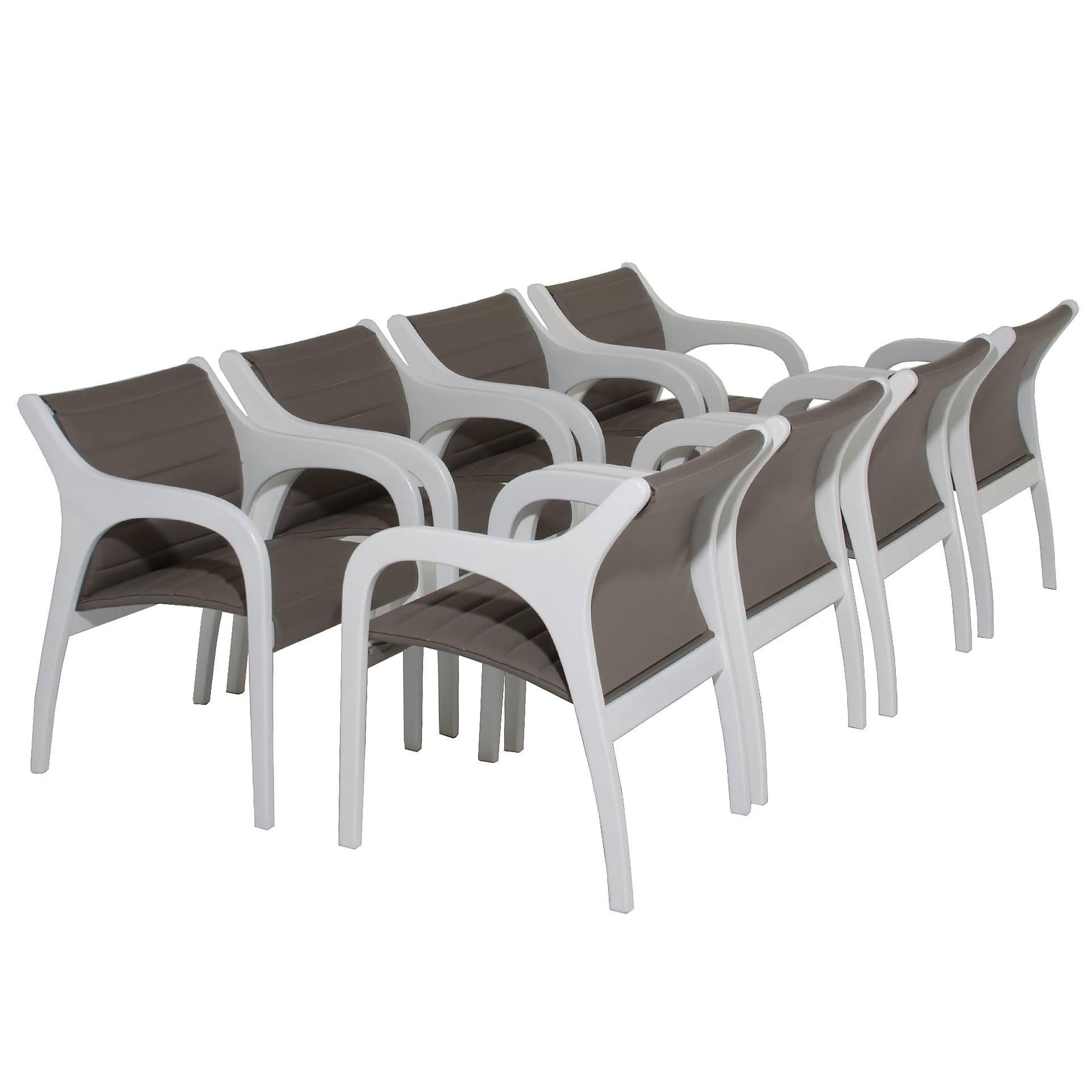  Set of Eight White with Gray Leather Dining Chairs or Armchairs with Slope Arms For Sale