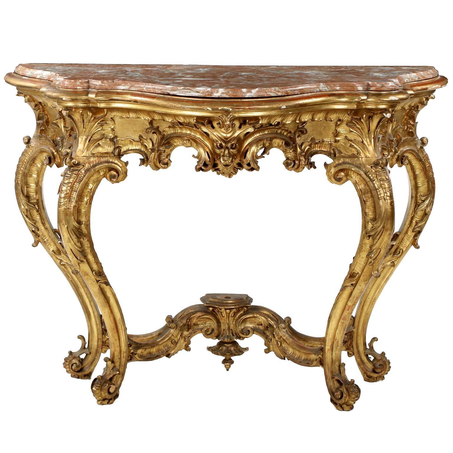 Carved Giltwood Red Marble-Top Console Table in Louis XV Taste, 19th Century