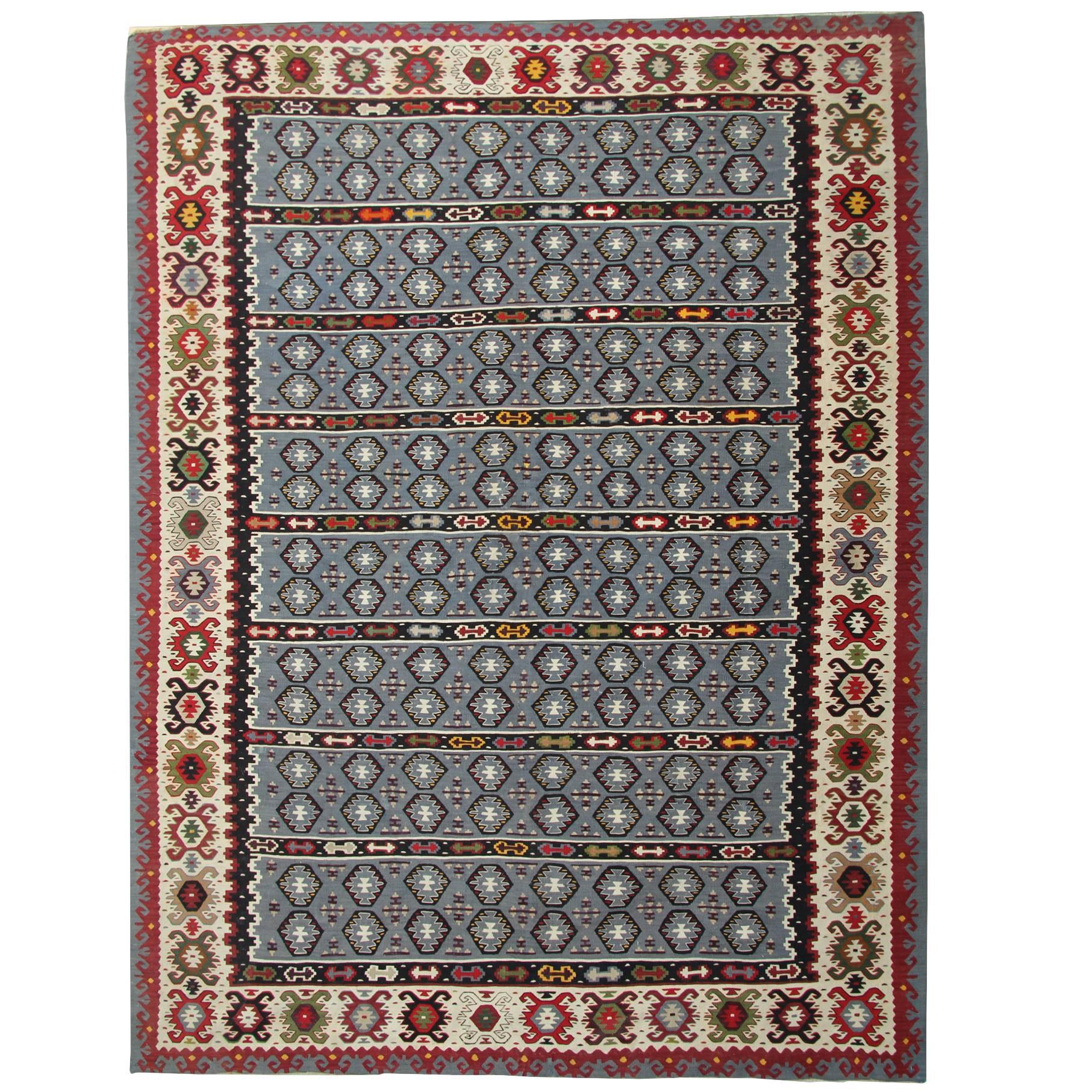 Antique Rug Serbian, Handmade Carpet Vintage Kilim Rug, Geometric Oriental Rug For Sale