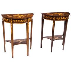 Vintage Pair of Burr Walnut Half Moon Marquetry Console Tables, 20th Century