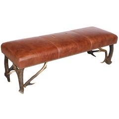Leather Bench with Vintage European Stag Antler Legs