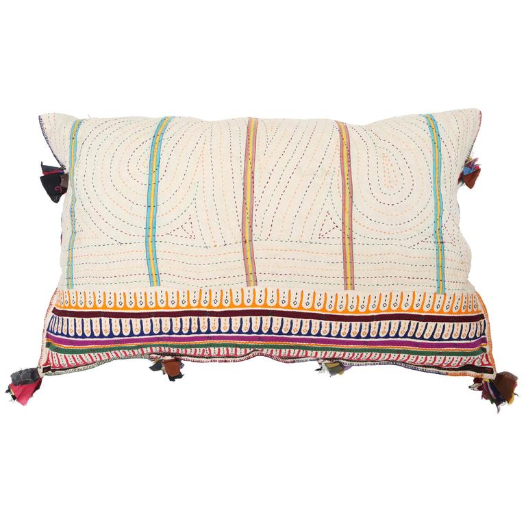Double Sided Gujarati Quilted Cotton Pillow 18 x 30 For Sale at 1stdibs