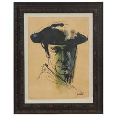 Newly Framed Vintage Watercolor Painting of Man in Hat