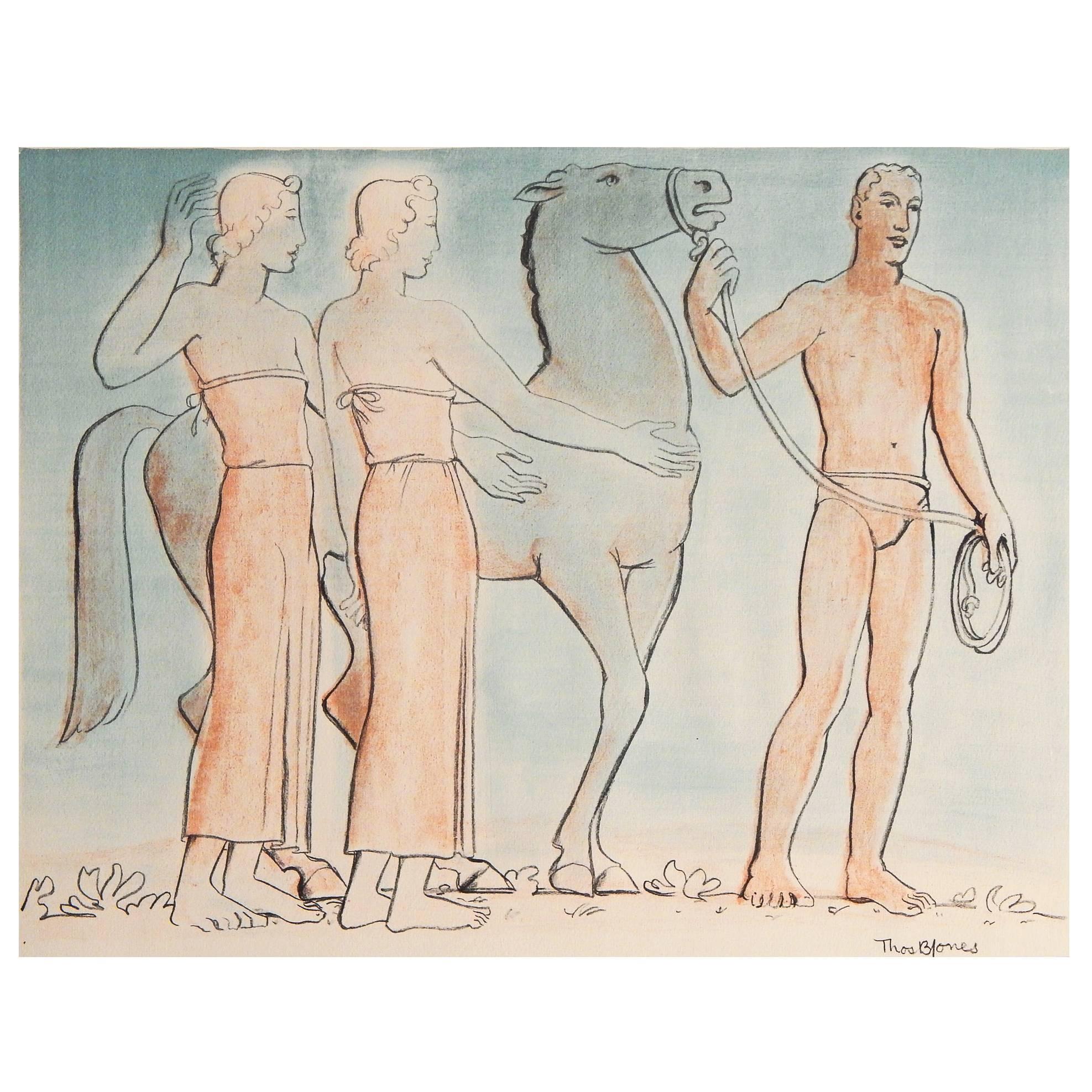 "Modern Greek Frieze with Horse, " Extremely Rare WPA-Period Watercolor, 1930s For Sale