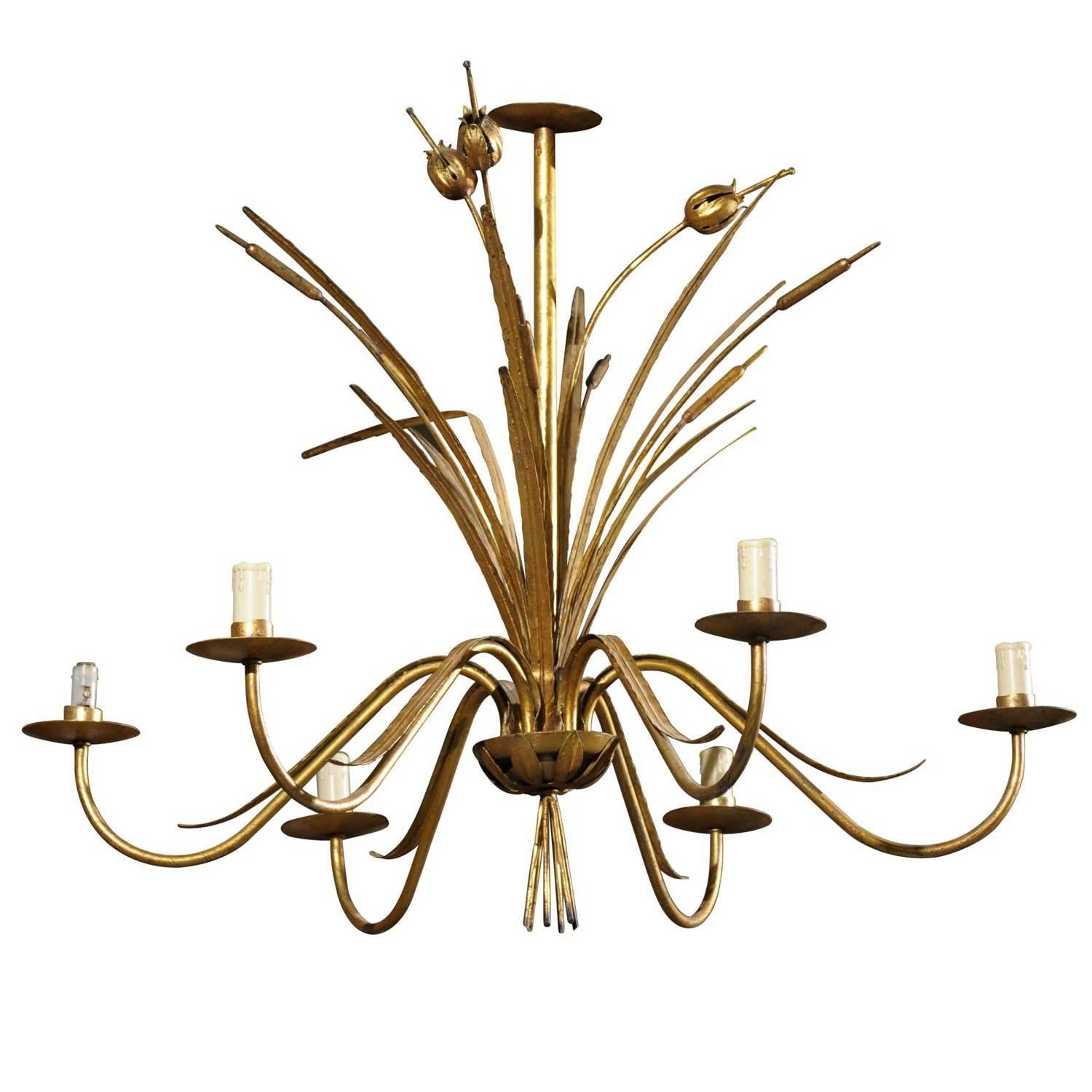 Mid-Century Six Light Gilded Chandelier from France, circa 1950
