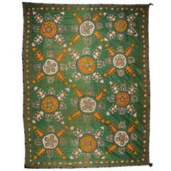 Antique Late 19th-Early 20th Century Silk Uzbek Suzani, Fantastic Russian Cotton Print
