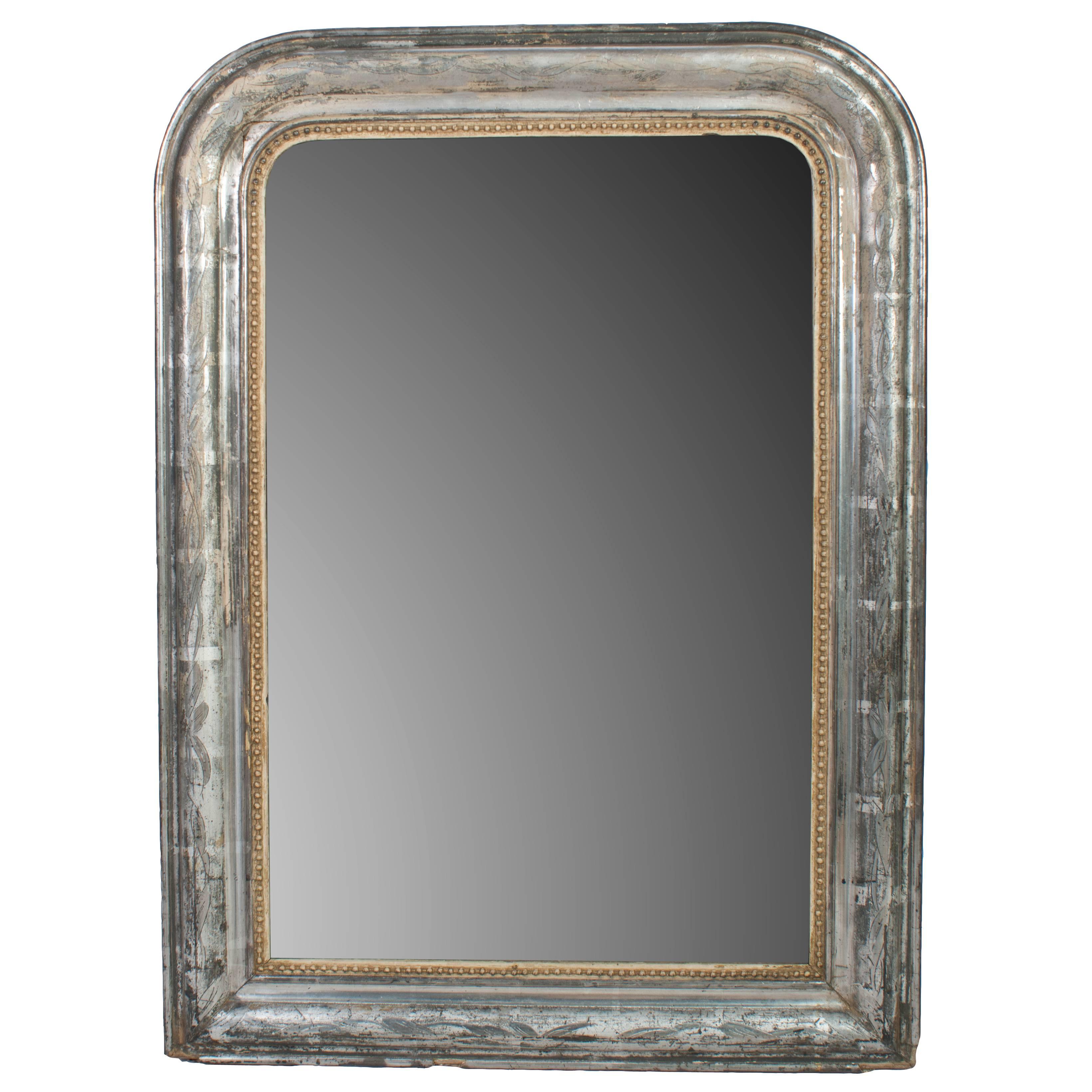 Small Silver Frame Mirror with Gold Bead Trim