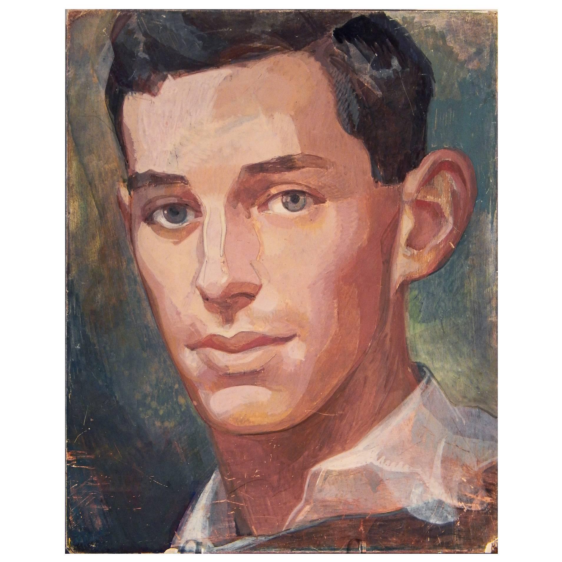 "Dark Haired Man, " Superb Portrait by WPA Artist on Renaissance Panel