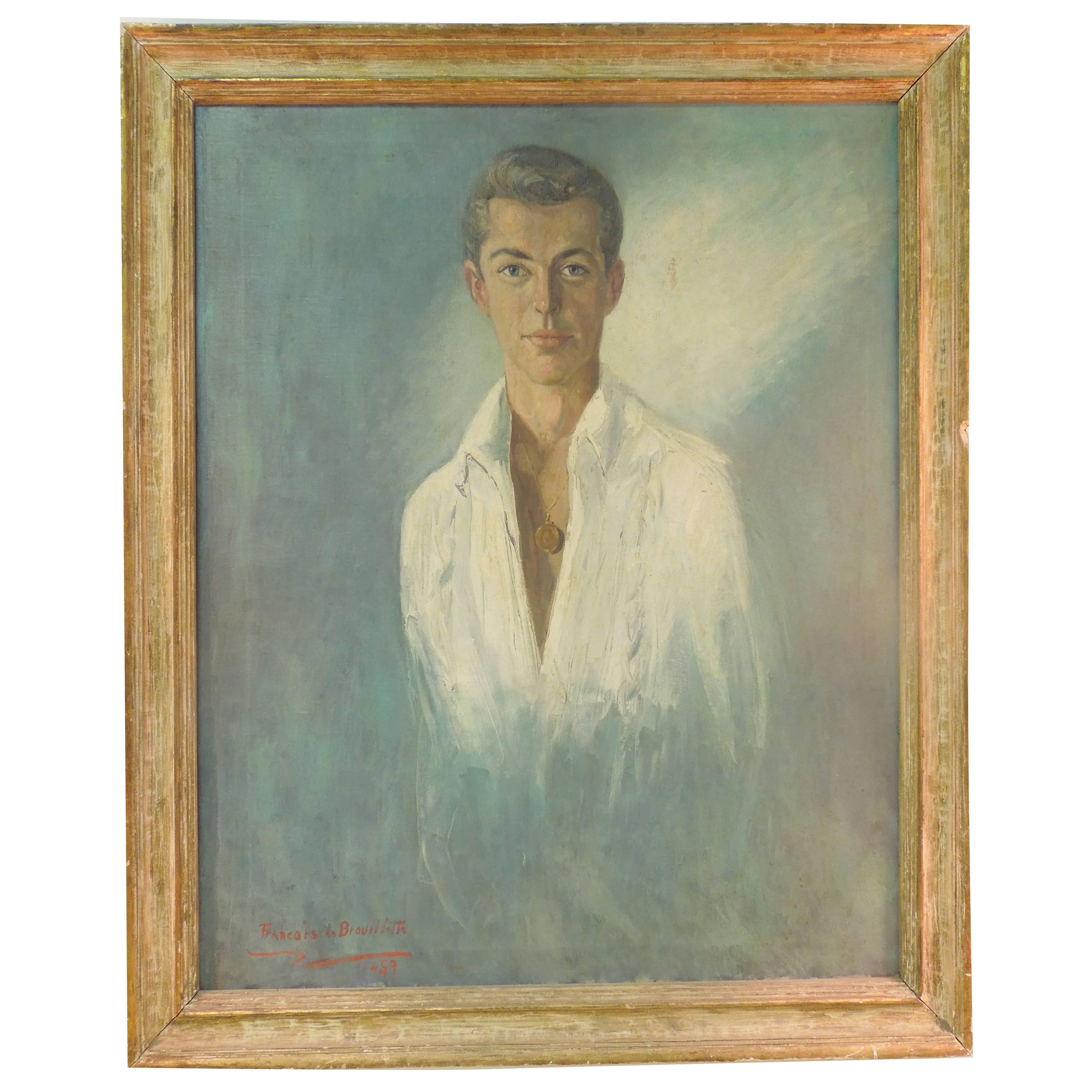 Large Vintage Original Painting of Handsome Male Portrait by Listed Artist