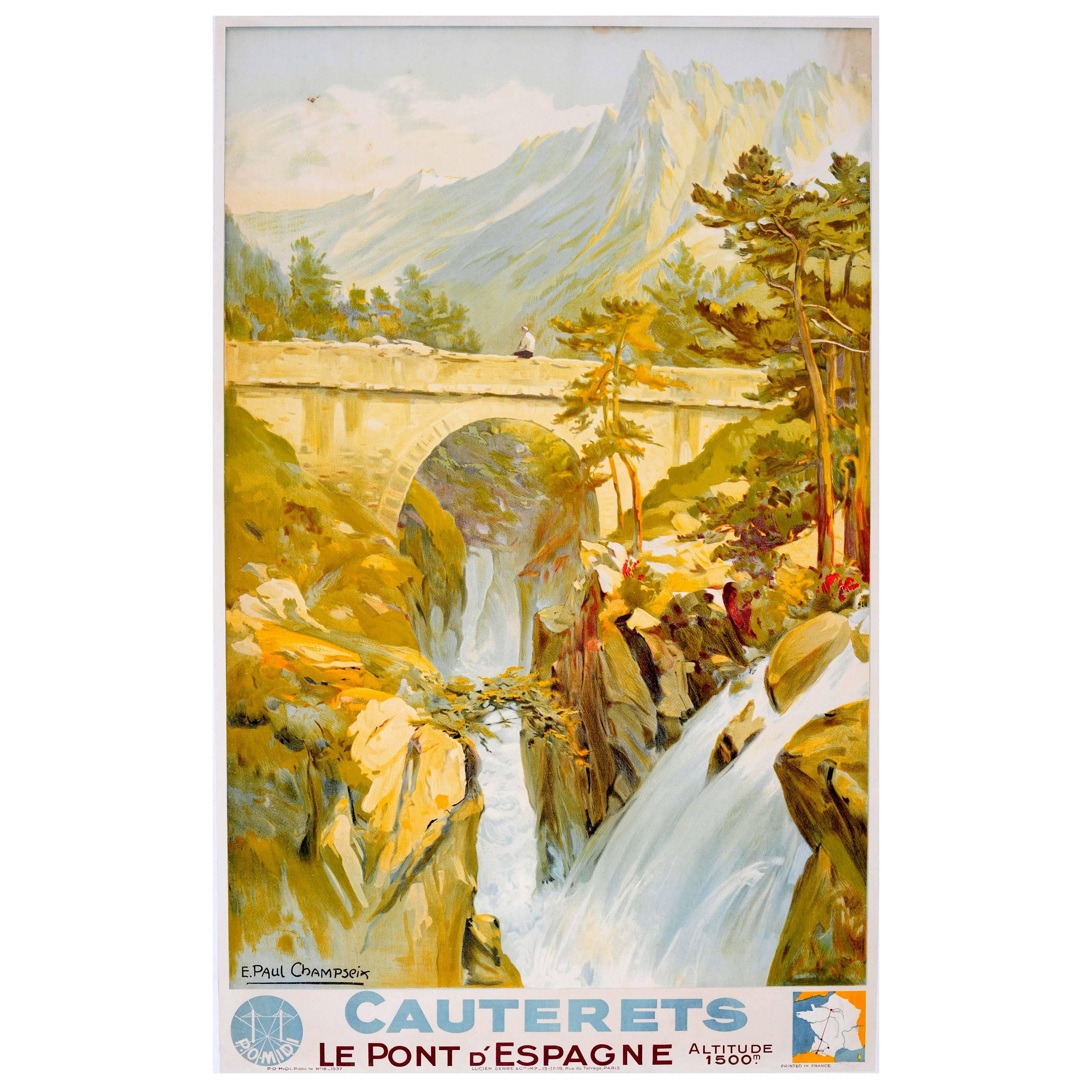 Original Vintage 1930s Travel Advertising Poster Cauterets Pont d'Espagne France