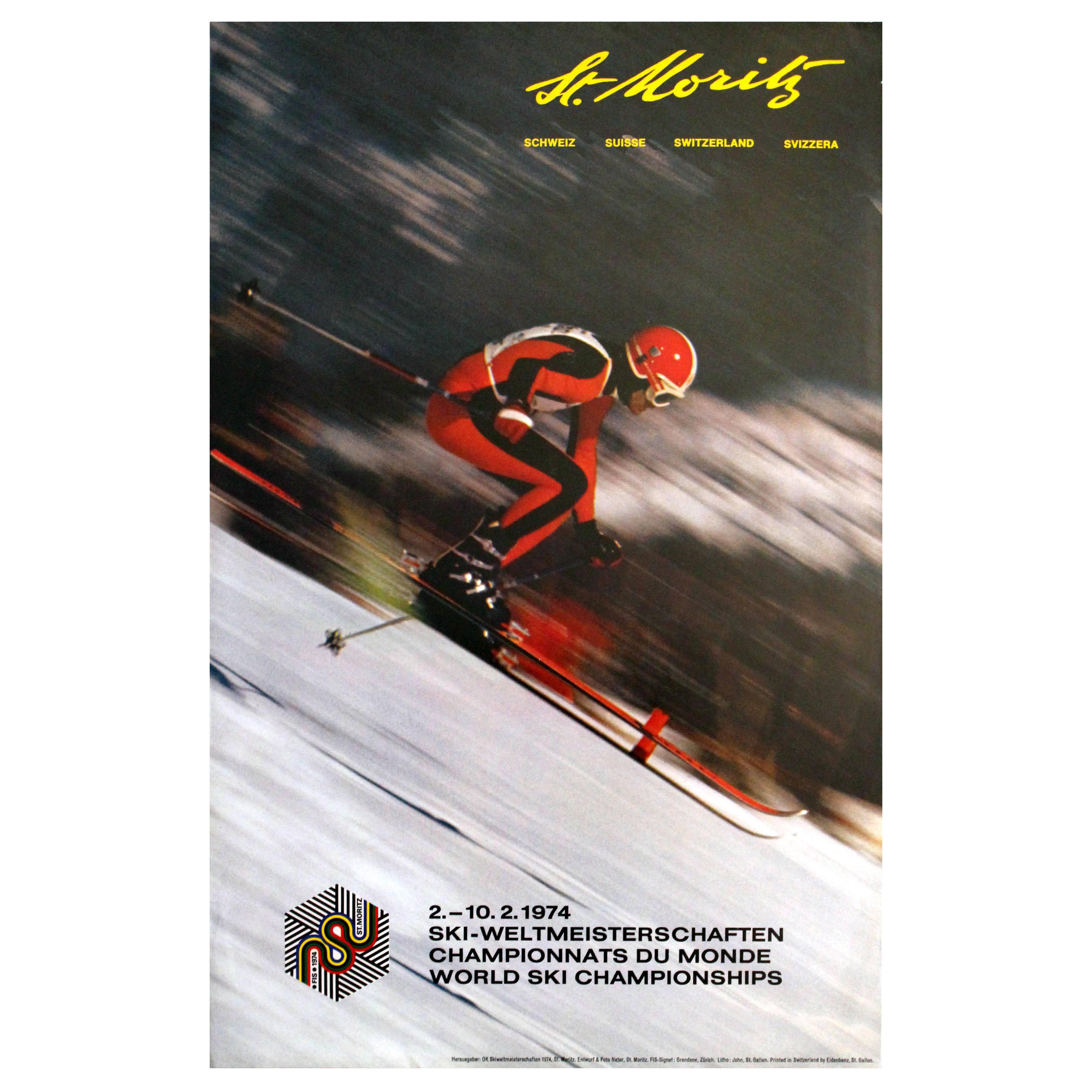 Original Vintage Skiing Poster, World Ski Championships “St Moritz Switzerland”
