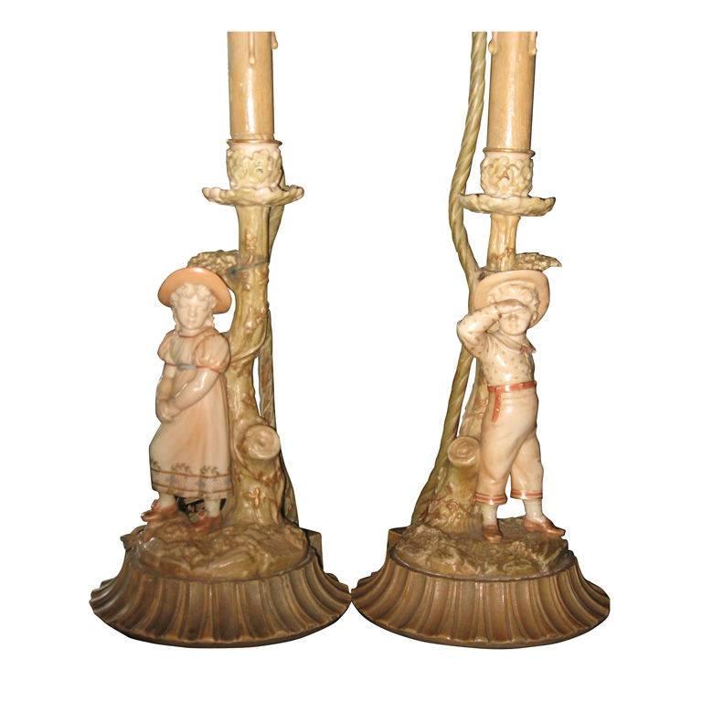 Pair of Royal Worcester Candlestick Lamps For Sale
