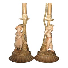 Antique Pair of Royal Worcester Candlestick Lamps