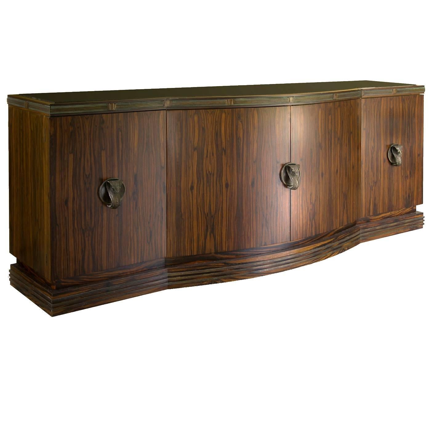 Art Deco Inspired Drink Cabinet in Macassar Ebony with bronze Cobra Heads For Sale