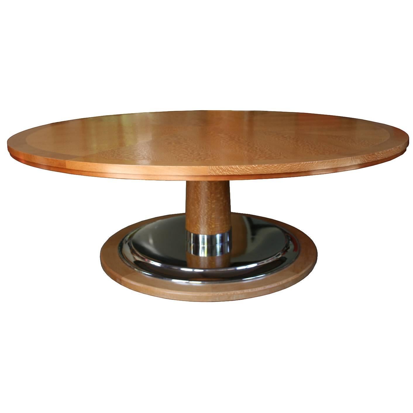 Modern Large Round Table On Pedestal With Chrome Plated Disc  For Sale