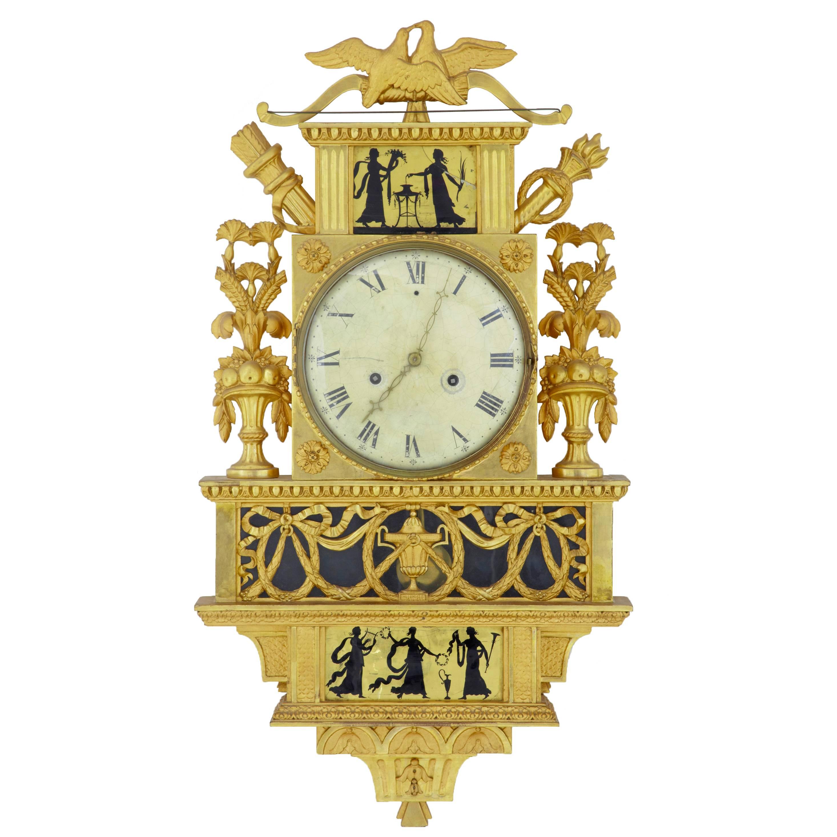 19th Century Swedish Gilt and Eglomise Ornate Wall Clock