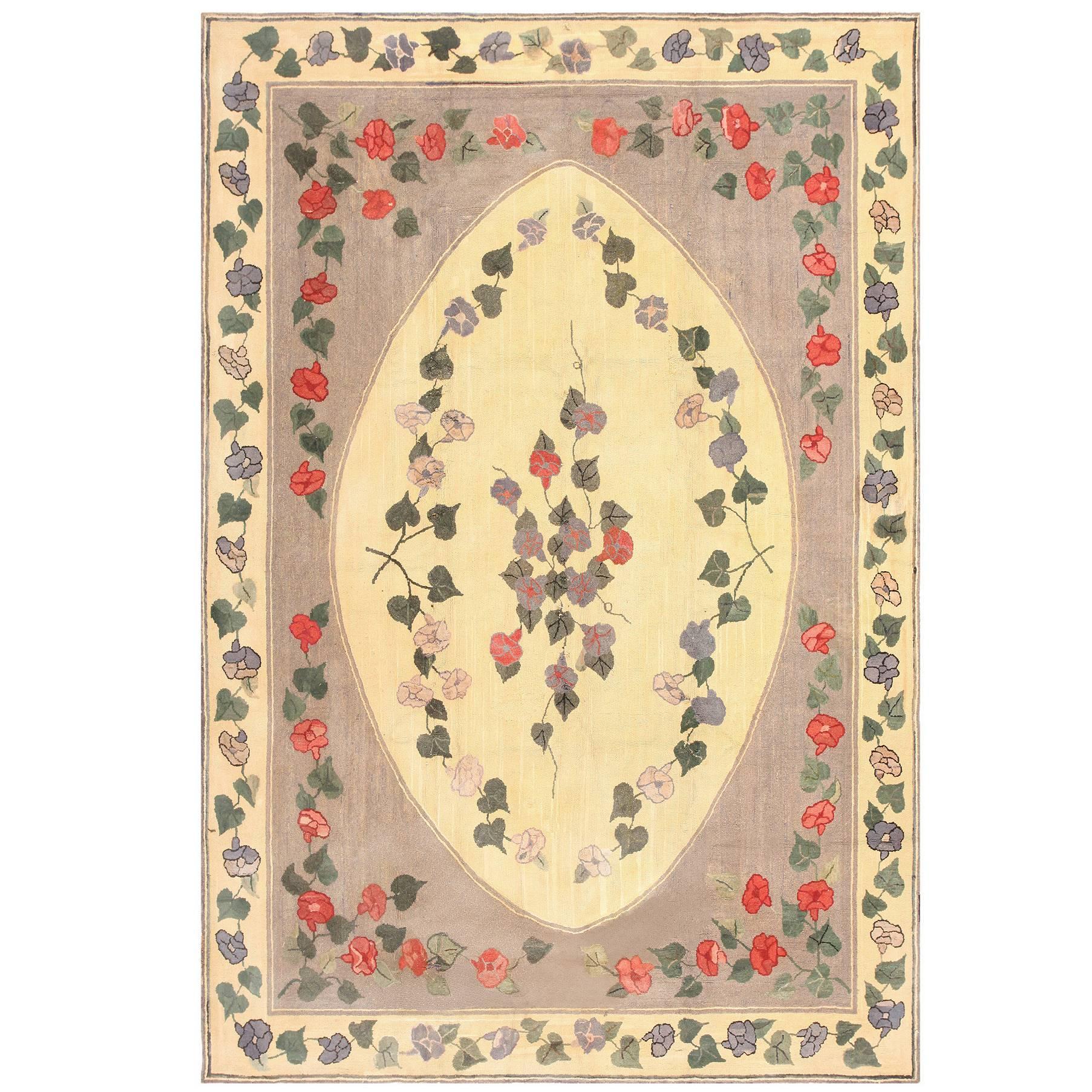 Botanical Room Size Antique American Hooked Rug. Size: 8 ft 2 in x 12 ft 6 in