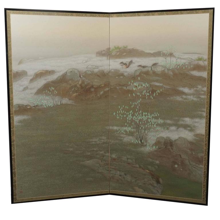 Two Panel Asian Screen Two-Panel Japanese Screen For Sale at 1stDibs