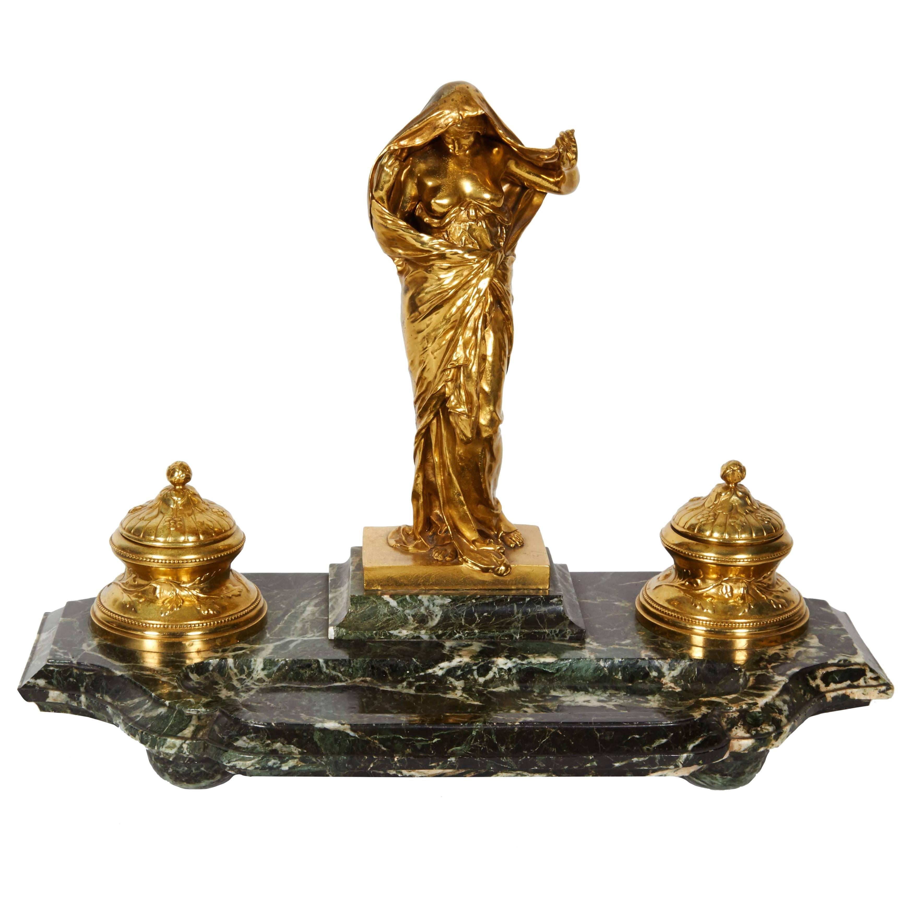 Louis-Ernest Barrias (French, 1841 - 1905) Ormolu Gilt Bronze and Marble Inkwell