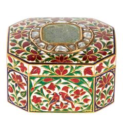 Antique 22-Karat Indian Gold Enamel and Diamond Pill Snuff Box Jaipur Mughal Style
