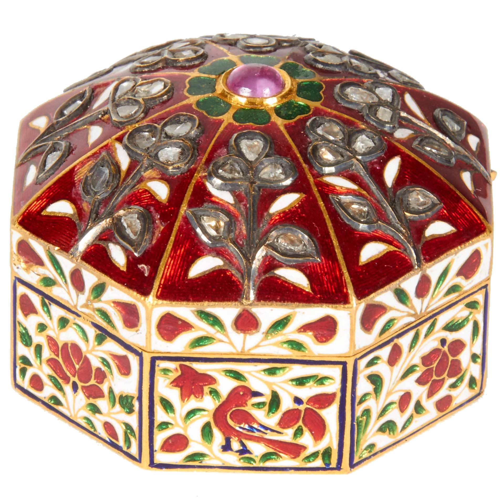 22-Karat Indian Gold Enamel and Diamond Pill Snuff Box Jaipur Mughal Style