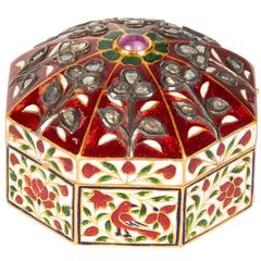 Antique 22-Karat Indian Gold Enamel and Diamond Pill Snuff Box Jaipur Mughal Style