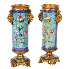 Pair of French Japonisme Ormolu and Champlevé Cloisonné Enamel Vases