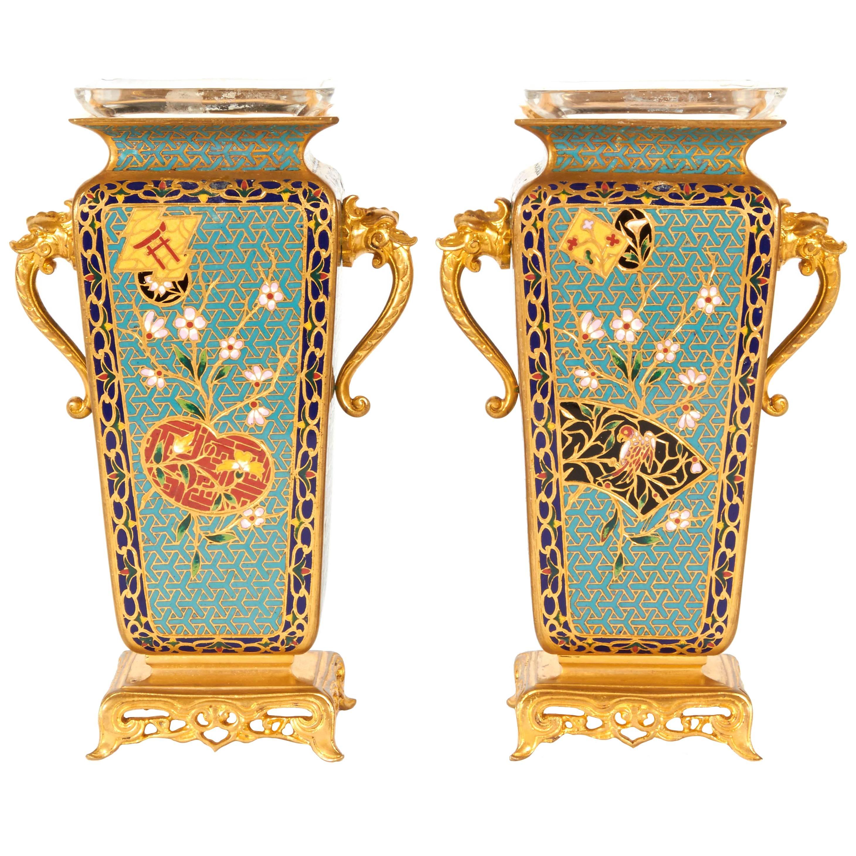 Pair of French Japonisme Ormolu and Champlevé Cloisonné Enamel Vases