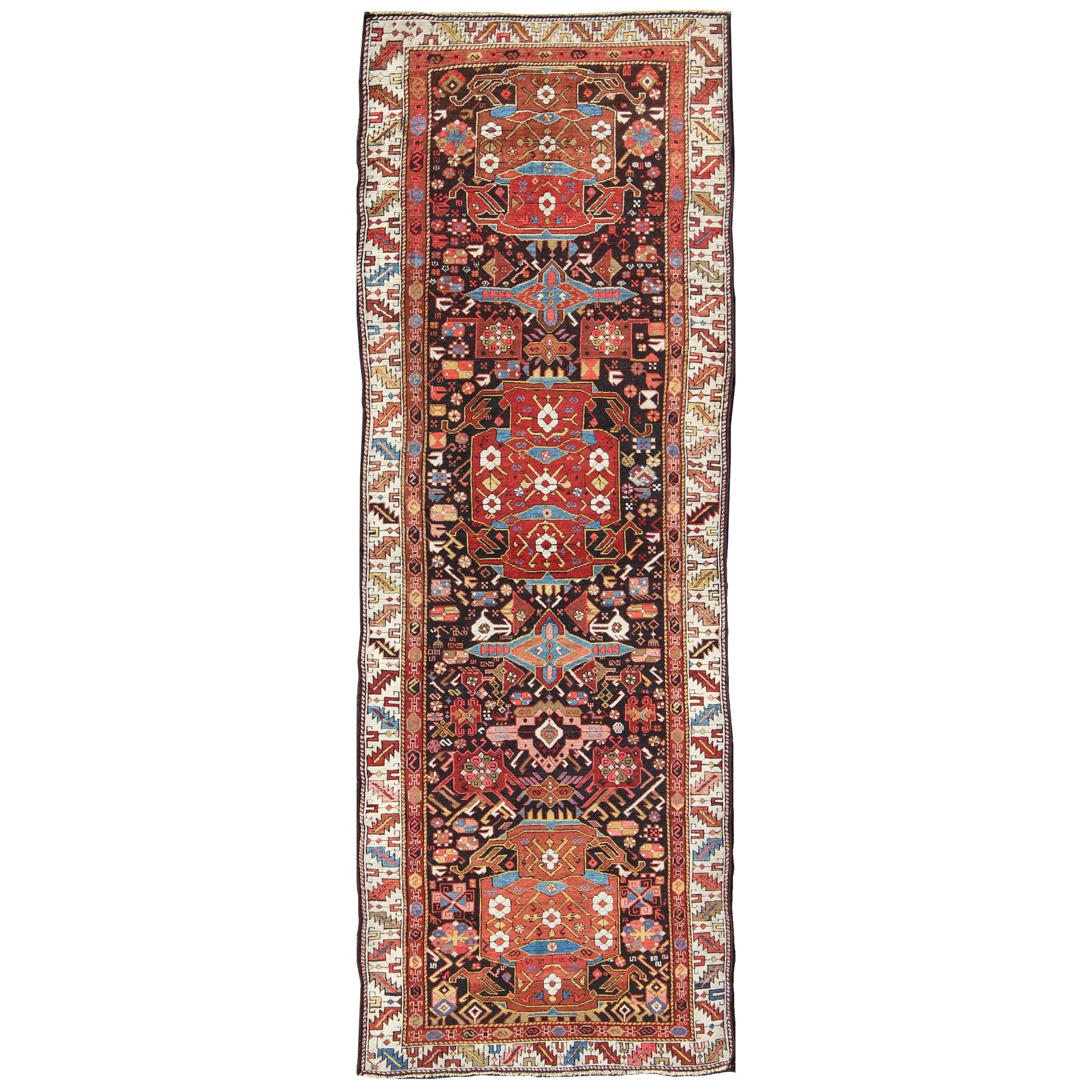 Antique Caucasian Karabagh Runner With Geometric Medallions in Jewel Tones 