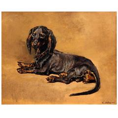 Oil on Canvas of a Dachshund by Édouard Paul Mérite Dog Painting