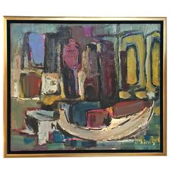 Vibrant Mid-Century Abstract Oil on Board, Signed by Artist