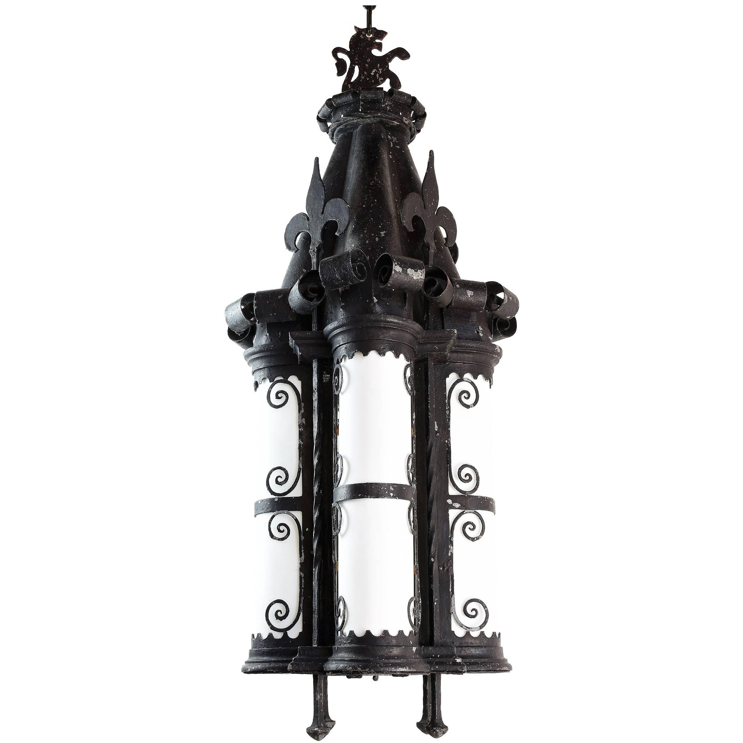 Unique 20th Century French Gothic Iron Pendant with Bent Glass Panels For Sale