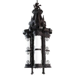Unique 20th Century French Gothic Iron Pendant with Bent Glass Panels